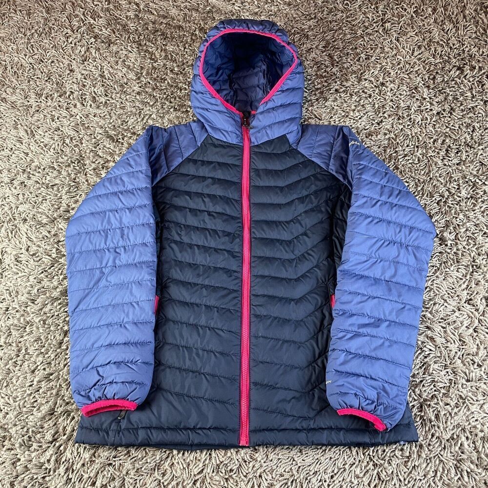 Columbia Puffer Jacket Womens Large L Blue Powder Lite Hooded Ski Logo Full Zip